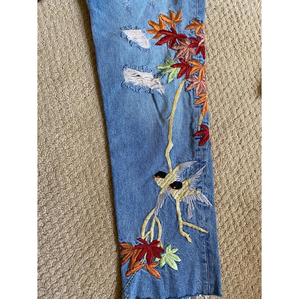 Zara Satin Embroidered Bird Distressed Jeans - Picture 6 of 8